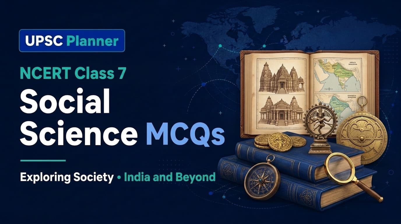 UPSC Planner NCERT Class 7 Social Science MCQs cover banner: Medieval Indian history, kingdoms, geography, and governance questions
